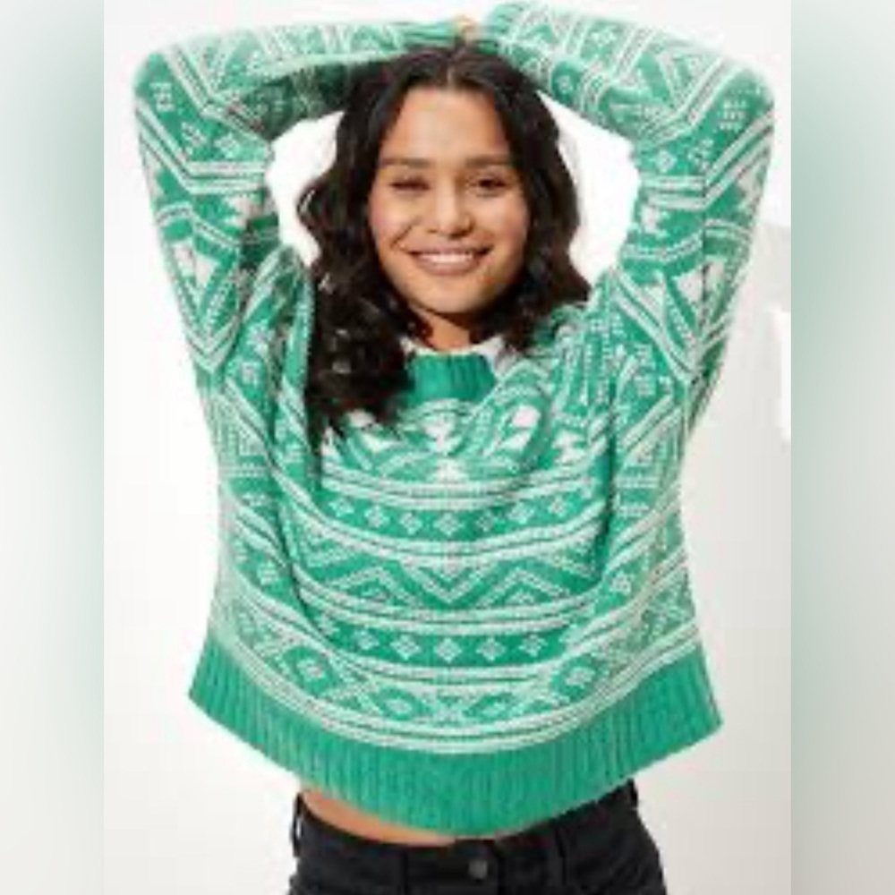 American Eagle XS Fairisle Snowdrift Cropped Crewneck Knit Sweater